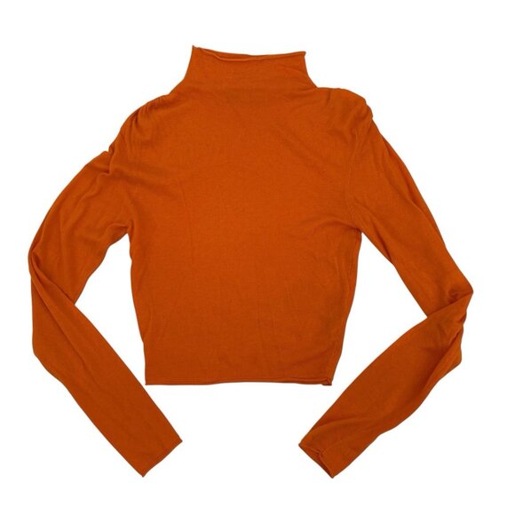 Zara Size L Ruched Long Sleeve Knit Cropped Top Orange Mock Neck Viscose Linen - Picture 1 of 12